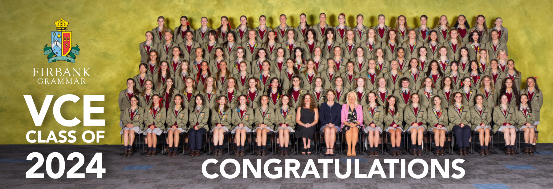 Group photo of Firbank Grammar VCE Class of 2024 with "Congratulations" text overlay.