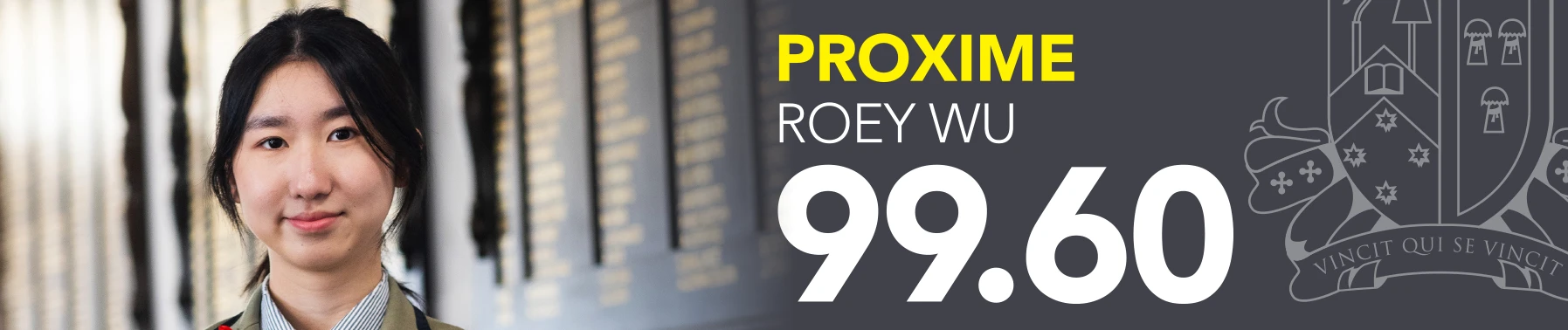 Student Roey Wu with a 99.60 score displayed alongside the school's emblem and background.