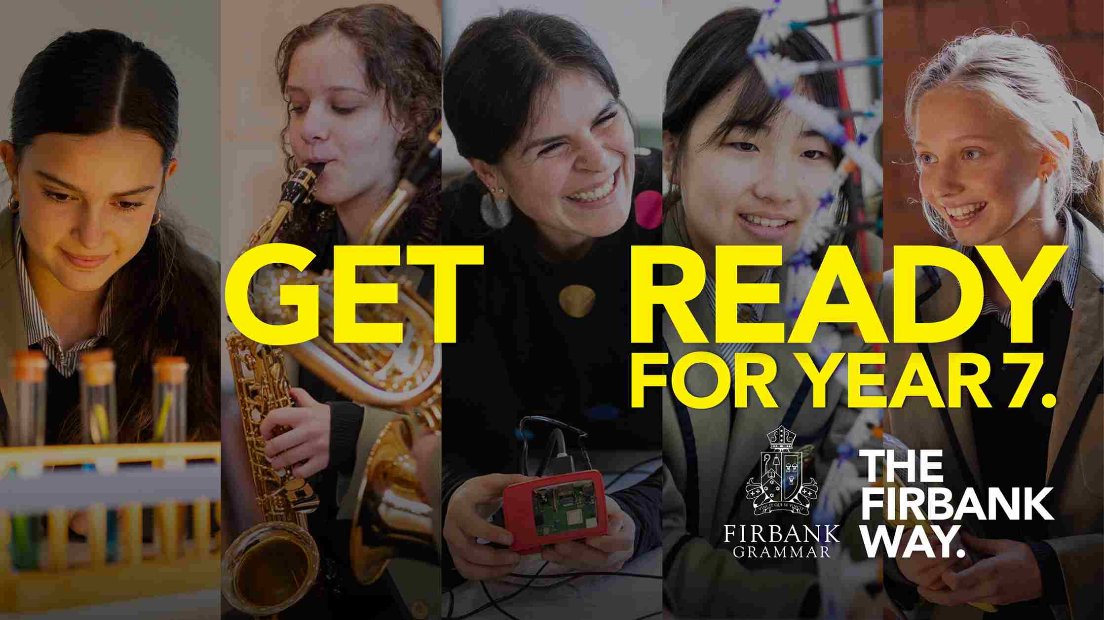 Collage of students engaged in science, music, and crafts with the text 'Get Ready for Year 7'